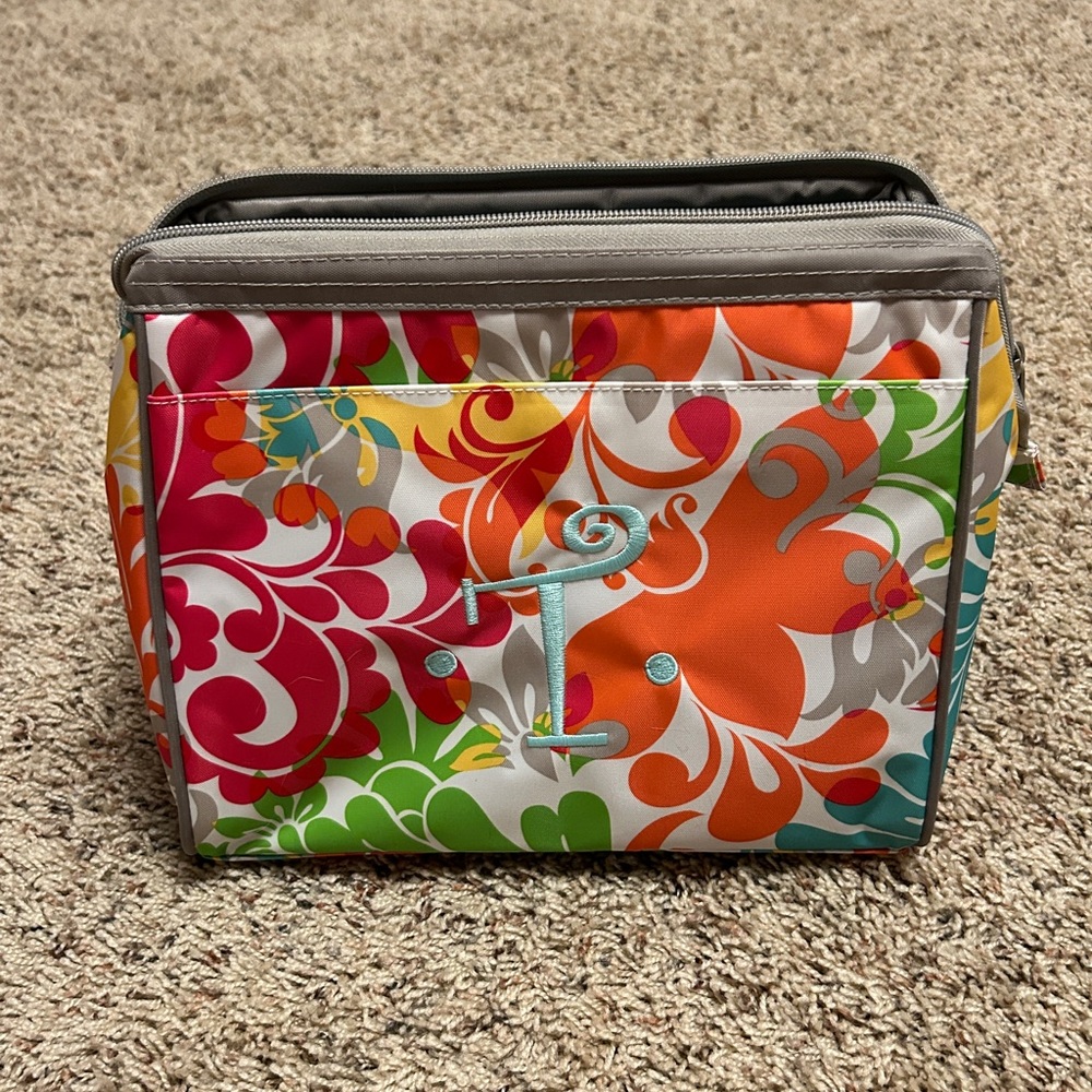 Thirty-One Cosmetic Bag Set - Island Damask & Turquoise Teal 9X10 Plastic Lined